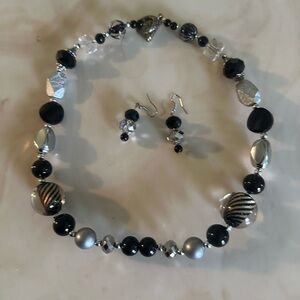 Elegant Black and Silver Beaded Necklace and Earring Set